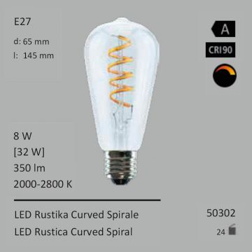  50302 - 8W=32W LED Rustika Curved Spirale klar E27 350Lm 360 Ra>90 2000-2800K Ambient Dimming  33.61USD - 37.36USD  