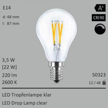  50323 - 3,5W=22W LED Tropfenlampe klar E14 220Lm 360 Ra>90 2600K dimmbar  1928.89JPY - 2144.13JPY  