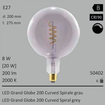  50402 - 8W=20W Segula LED Grand Globe 200 Curved Spirale grau E27 200Lm CRI90 2000K dimmbar  53,95EUR - 59,95EUR  