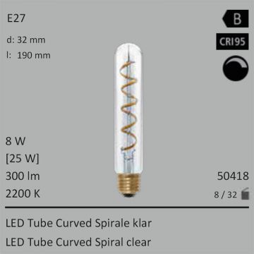  50418 - 8W=25W Segula LED Tube Curved Spirale klar E27 250Lm CRI90 2200K dimmbar  28.86USD - 31.05USD  