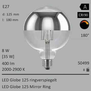  50499 - 8W=35W LED Globe 125 Ringverspiegelt silber E27 400Lm 360 Ra>90 2000-2900K ambient dimmbar  31.78USD - 35.32USD  