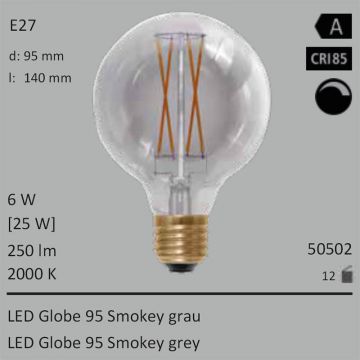  50502 - 6W=25W Segula LED Globe 95 Smokey grau E27 250Lm 360 Ra>85 2000K dimmbar  26,05EUR - 28,96EUR  
