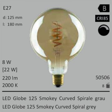  50506 - 8W=22W Segula LED Globe 125 Smokey Curved Spirale grau E27 220Lm CRI90 2000K dimmbar  27.84USD - 30.95USD  
