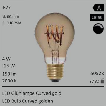  50528 - 4W=15W LED Glhlampe Curved gold E27 150Lm 2000K dimmbar  17.68GBP - 19.66GBP  