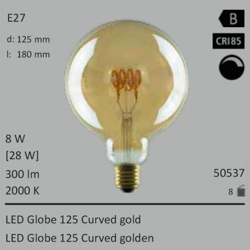  50537 - 8W=28W Segula LED Globe 125 Curved gold E27 300Lm CRI90 2000K dimmbar  22.39GBP - 24.89GBP  