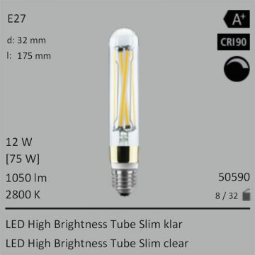  50590 - 12W=75W Segula LED High Brightness Tube Slim klar E27 1050Lm CRI90 2800K dimmbar  8309.08JPY - 9233.25JPY  