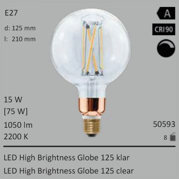  50593 - 15W=75W Segula LED High Brightness Globe 125 klar E27 1050Lm 360 Ra>90 2700K dimmbar  55.41USD - 61.57USD  