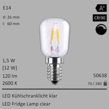  50638 - 1,5W=12W LED Khlschranklicht klar E14 120Lm 360 Ra>90 2600K dimmbar  9.21GBP - 10.23GBP  
