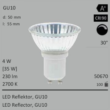 50670 - 4W=35W Segula LED Glas-Spot Reflektor COB GU10 230Lm 30 CRI90 2700K dimmbar  16.35USD - 18.18USD  