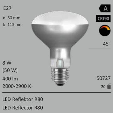  50727 - 8W=50W LED Reflektor R80 E27 400Lm 45 Ra>90 2000-2900K ambient dimmbar  31.77USD - 35.30USD  