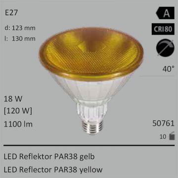 50761 - 18W=120W SEGULA LED PAR38 Reflektor gelb E27 40 1100Lm IP65 Ra>80  15.37GBP - 17.09GBP  