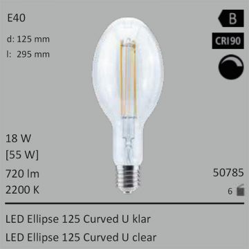  50785 - 18W=55W Segula LED Ellipse 125 Curved U klar E40 720Lm CRI90 2200K dimmbar  65.88USD - 69.37USD  