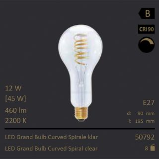  12W=45W Segula LED Grand Bulb Curved Spirale klar E27 460Lm CRI95 2200K dimmbar 
