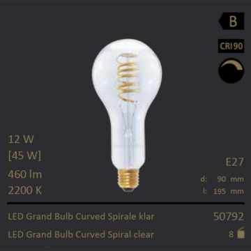  50792 - 12W=45W Segula LED Grand Bulb Curved Spirale klar E27 460Lm CRI95 2200K dimmbar  50.71USD - 53.39USD  