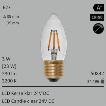  50832 - 3W=23W Segula LED Kerze klar 24VDC E27 230Lm 360 Ra>90 2200K  2993.34JPY - 3328.53JPY  