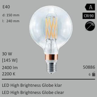  30W=145W Segula LED High Brightness Globe 150 klar E40 2400Lm 360 Ra>90 2200K 