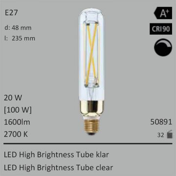  50891 - 20W=100W Segula LED High Brightness Tube klar E27 1600Lm CRI90 2700K dimmbar  9821.35JPY - 10915.23JPY  