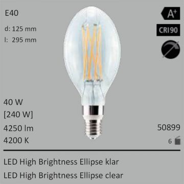  50899 - 40W=240W Segula LED High Brightness Ellipse klar E40 4250Lm CRI90 4200K  96.12USD - 106.81USD  