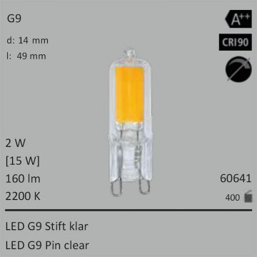  60641 - 2W=15W Segula LED G9 Stift klar 160Lm 360 Ra>90 2200K  5.34GBP - 5.94GBP  