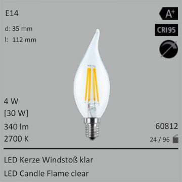  60812 - 4W=30W LED Kerze Windstoss klar E14 340Lm 360 Ra>95 2700K  8.60USD - 9.56USD  