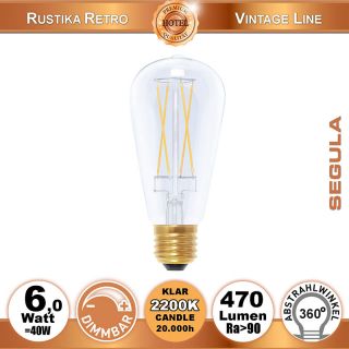  6W=40W LED Rustika Long Style klar dimmbar klar E27 470Lm 360 Ra>90 2200K candlelight 