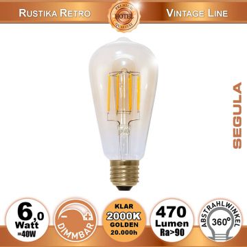  50296 - 6W=40W LED Rustika Golden Glas Glhfadenbirne dimmbar klar E27 470Lm 360 Ra>90 2000K  19.12USD - 21.26USD  