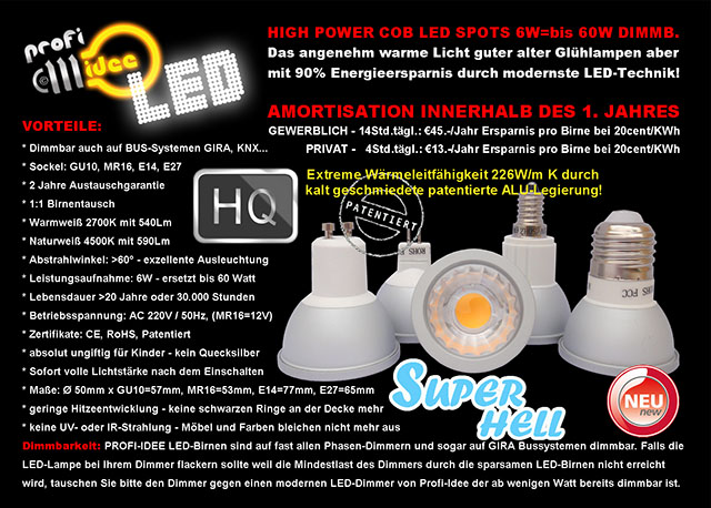 6W=55W LED Spot HQ COB dimmbar E27 540Lm 60 2700K soft