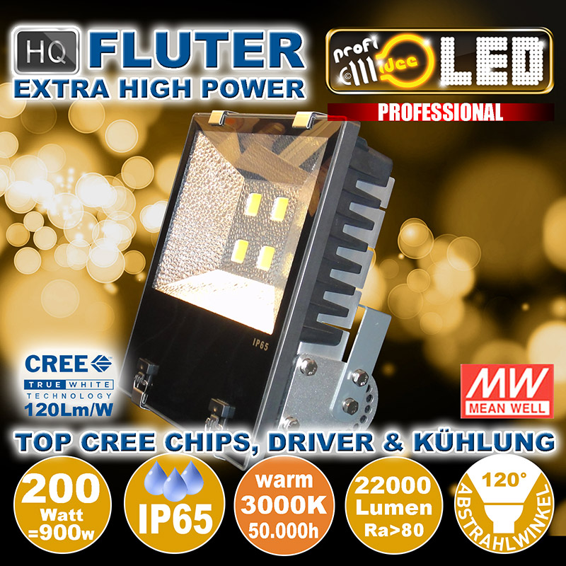  200W=900W LED HQ Fluter 22000Lm 120 3000K warm IP65 