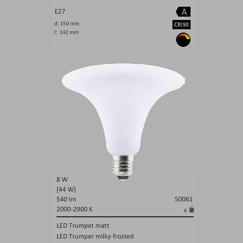  8W=44W Segula LED Trumpet 150mm matt E27 540Lm 360 Ra>90 2000-2900K ambient dimmbar 