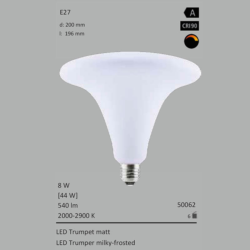  8W=44W Segula LED Trumpet matt 200mm E27 540Lm 360 Ra>90 2000-2900K ambient dimmbar 