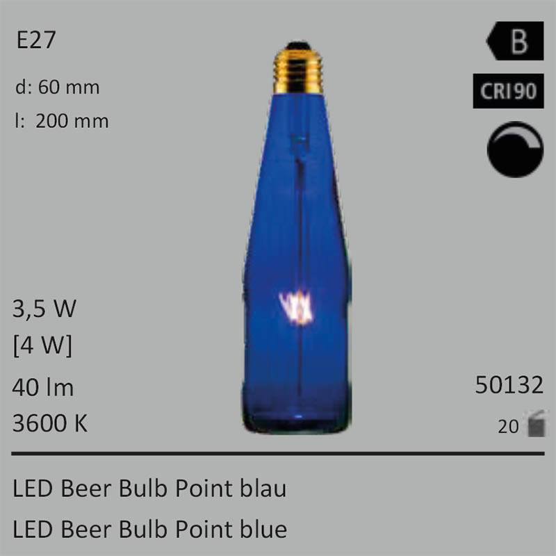  3,5W=4W Segula LED Beer Bulb Point blau E27 40Lm CRI90 3600K dimmbar 
