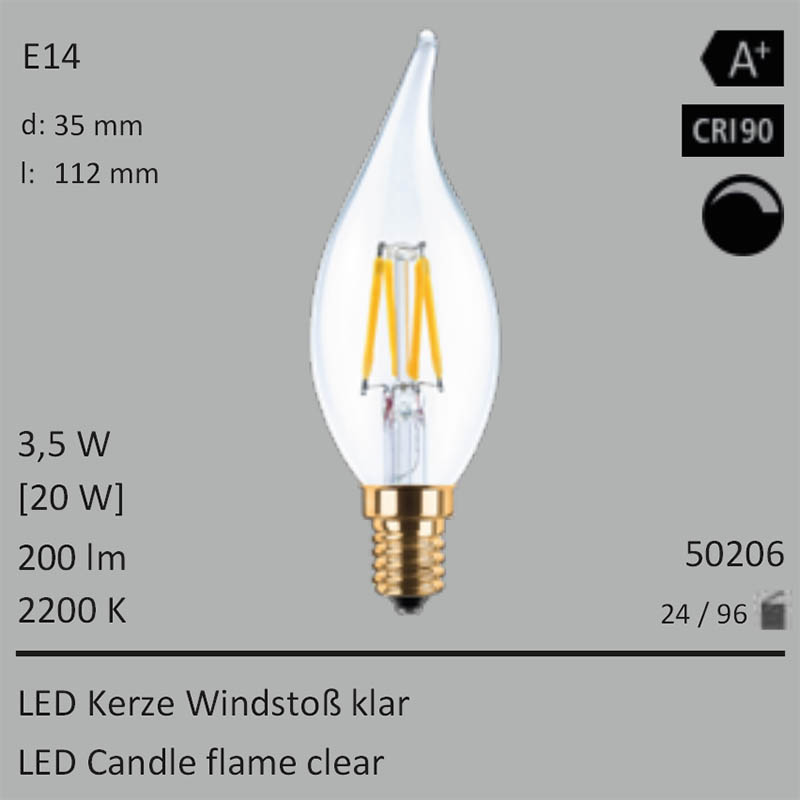  3,5W=20W LED Kerze Windstoss klar E14 200Lm 360 Ra>90 2200K dimmbar 