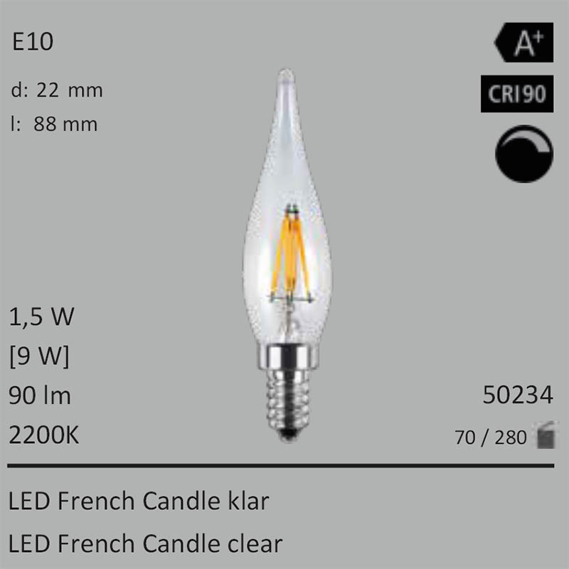 1,5W=9W LED French Candle klar E10 90Lm 360 Ra>90 2200K dimmbar 