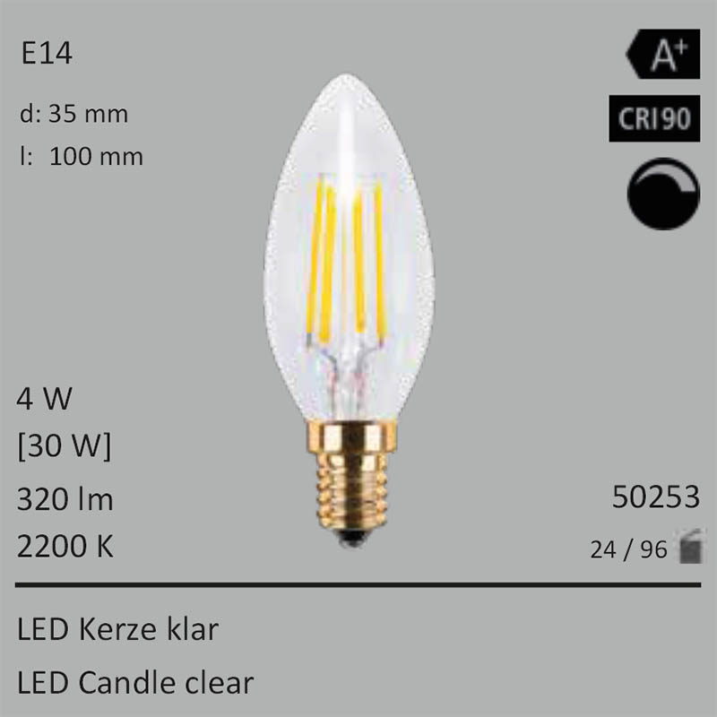  4W=30W LED Glas Glhfadenkerze dimmbar klar E14 320Lm 360 Ra>90 2200K 