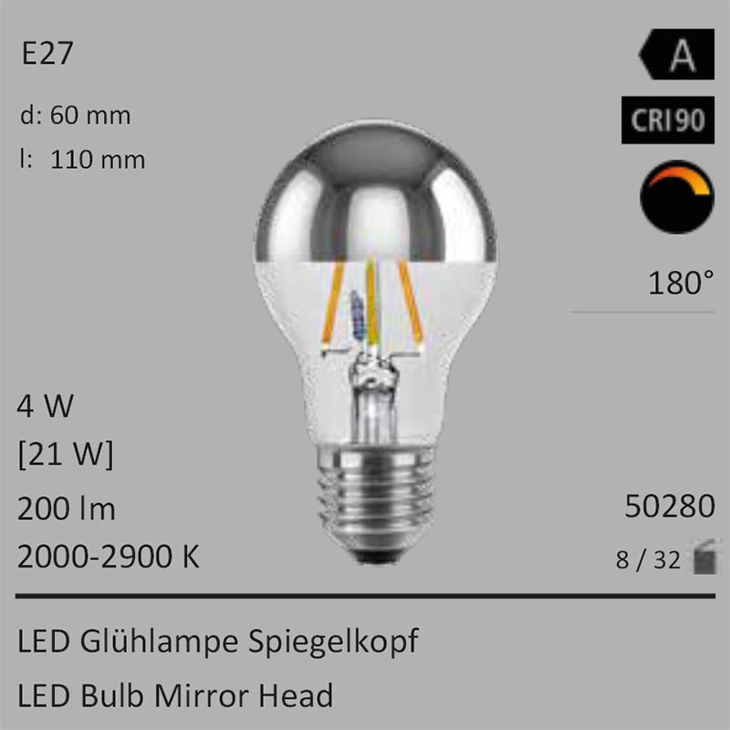  4W=21W LED Spiegelkopf Birne silber E27 200Lm 180 Ra>90 2000-2900K ambient dimmbar 