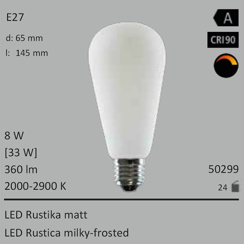  8W=33W LED Rustika matt E27 360Lm 360 Ra>90 2000-2900K Ambient Dimming 