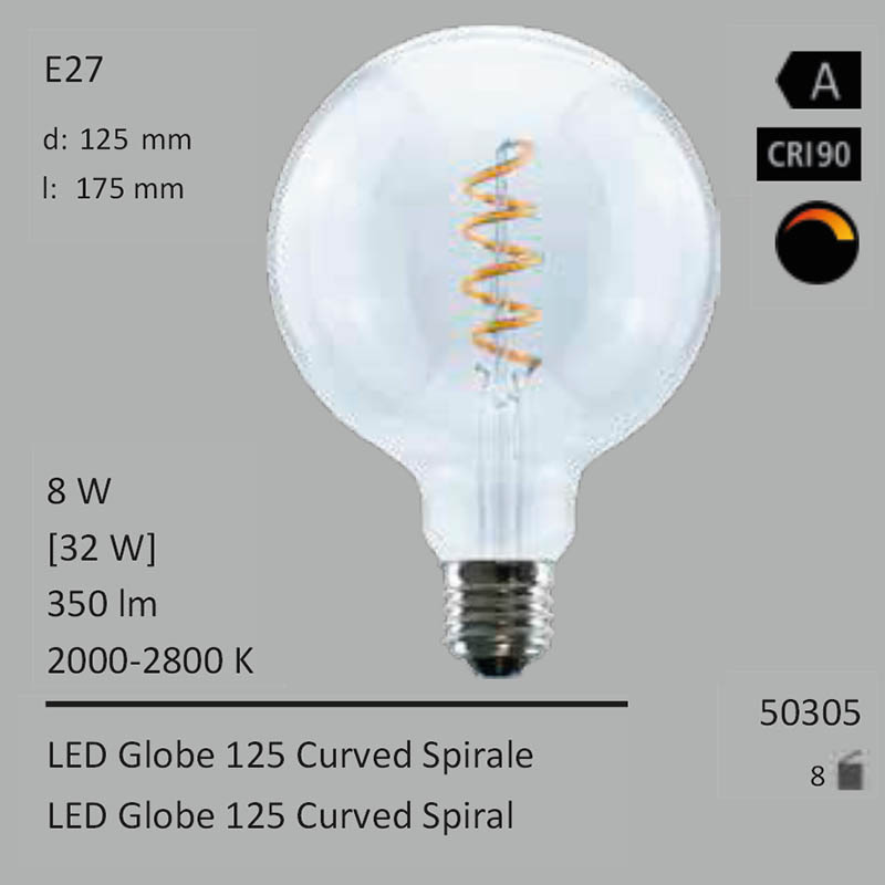  8W=32W LED Globe 125 Curved Spirale klar E27 350Lm 360 Ra>90 2000-2800K Ambient Dimming 