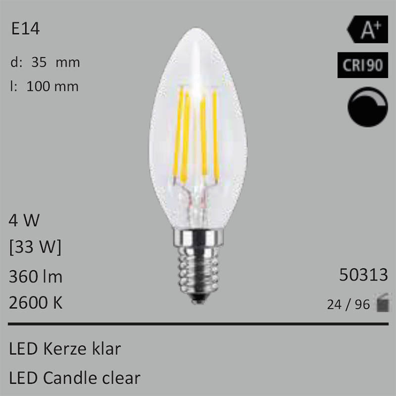  4W=33W LED Kerze klar E14 360Lm 360 Ra>90 2600K dimmbar 