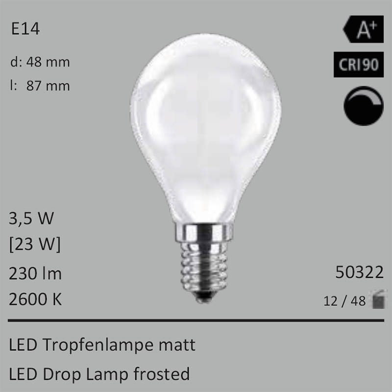  3,5W=23W LED Tropfenlampe matt E14 230Lm 360� Ra>90 2600K dimmbar 