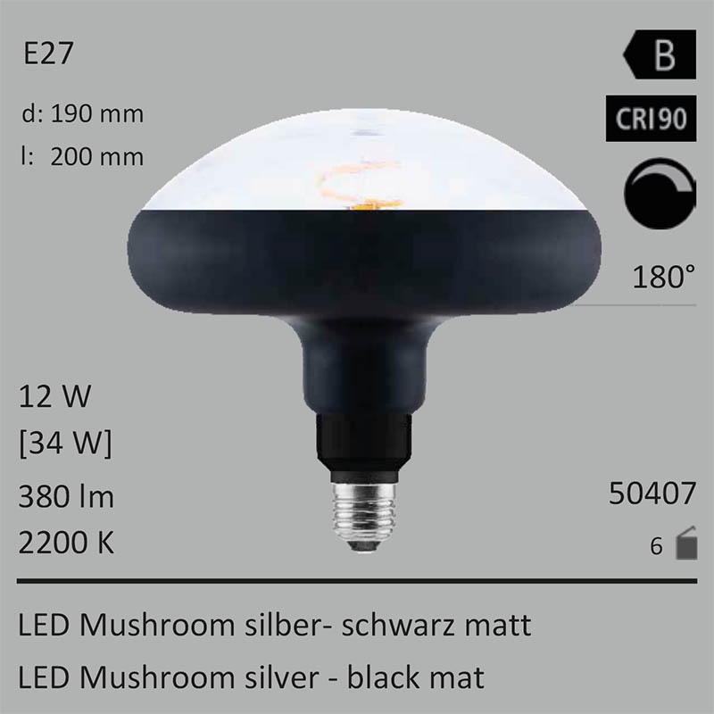  12W=34W Segula LED Mushroom schwarz matt E27 380Lm 180 CRI90 2200K dimmbar 