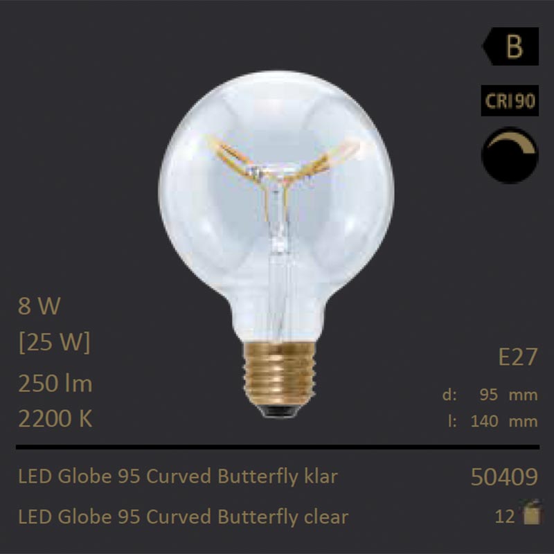  8W=25W Segula LED Globe 95 Curved Butterfly klar E27 250Lm CRI90 2200K dimmbar 