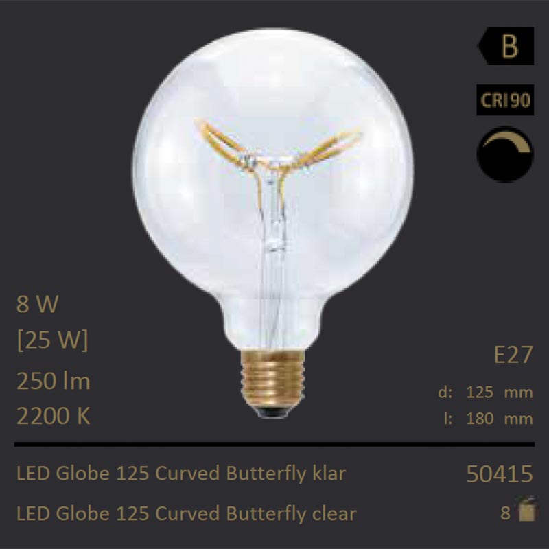  8W=25W Segula LED Globe 125 Curved Butterfly klar E27 250Lm CRI90 2200K dimmbar 