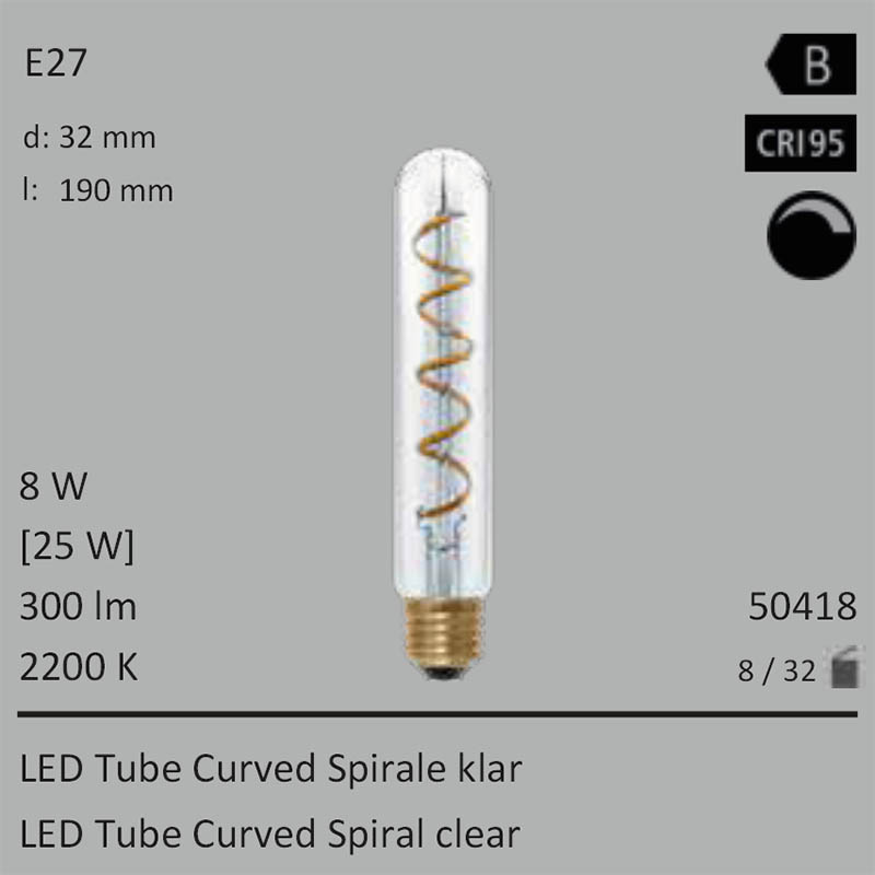  8W=25W Segula LED Tube Curved Spirale klar E27 250Lm CRI90 2200K dimmbar 
