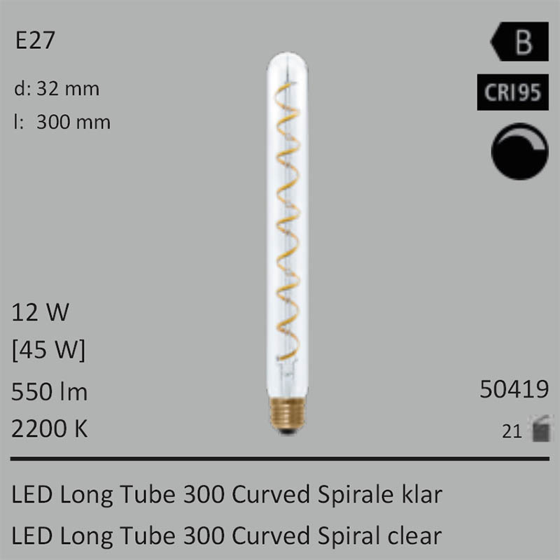  12W=45W Segula LED Long Tube 300 Curved Spirale klar E27 550Lm CRI95 2200K dimmbar 