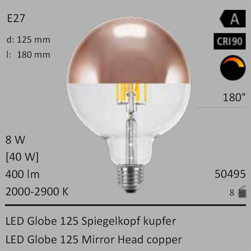  8W=40W LED Globe 125 Spiegelkopf kupfer klar E27 400Lm 360 Ra>90 2000-2900K ambient dimmbar 