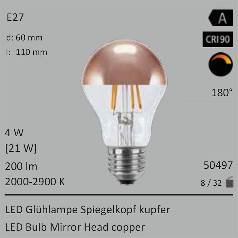  4W=21W LED Spiegelkopf Birne kupfer E27 200Lm 180 Ra>90 2000-2900K ambient dimmbar 