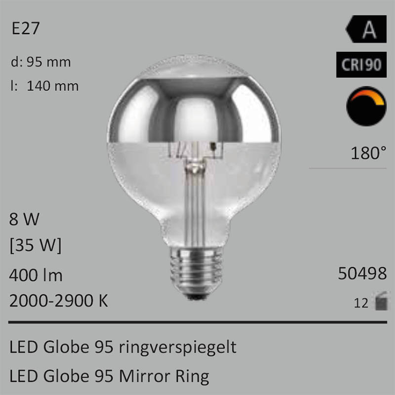  8W=35W LED Globe 95 ringverspiegelt silber E27 400Lm 360 Ra>90 2000-2900K ambient dimmbar 