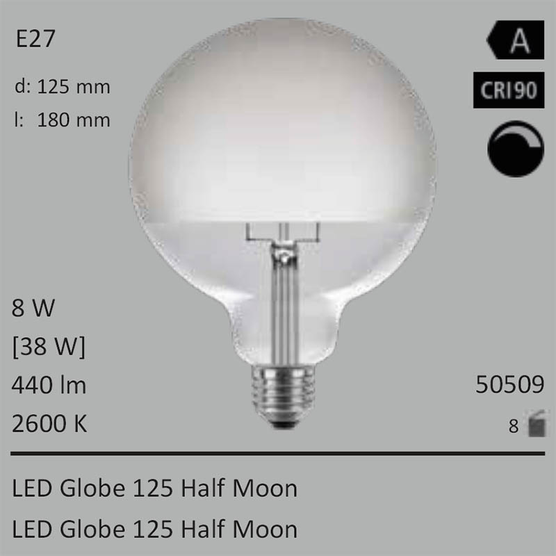  8W=38W Segula LED Globe 125 Half moon E27 440Lm CRI90 2600K dimmbar 