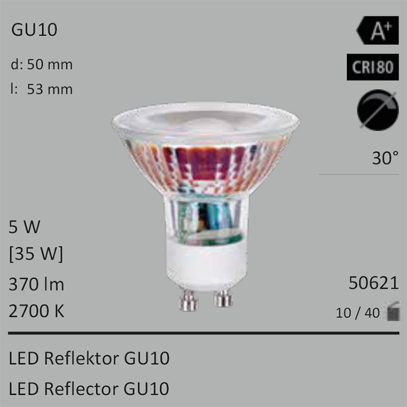  5W=35W Segula LED Glas-Spot Reflektor GU10 370Lm 30 CRI80 2700K 