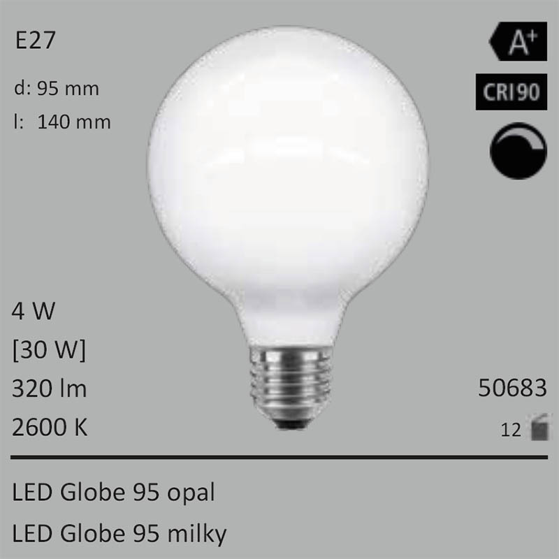  4W=30W Segula LED Globe 95 opal E27 320Lm 360 Ra>90 2600K dimmbar 